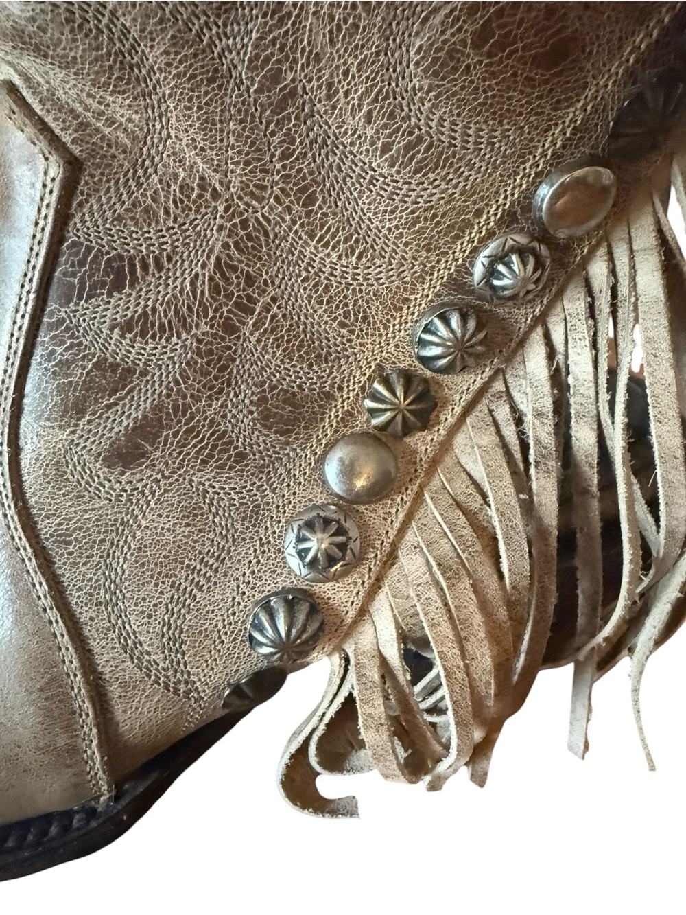 Double D Ranch Brown Beige Leather Western Boots Studded Braided Trim 8 - Picture 6 of 12